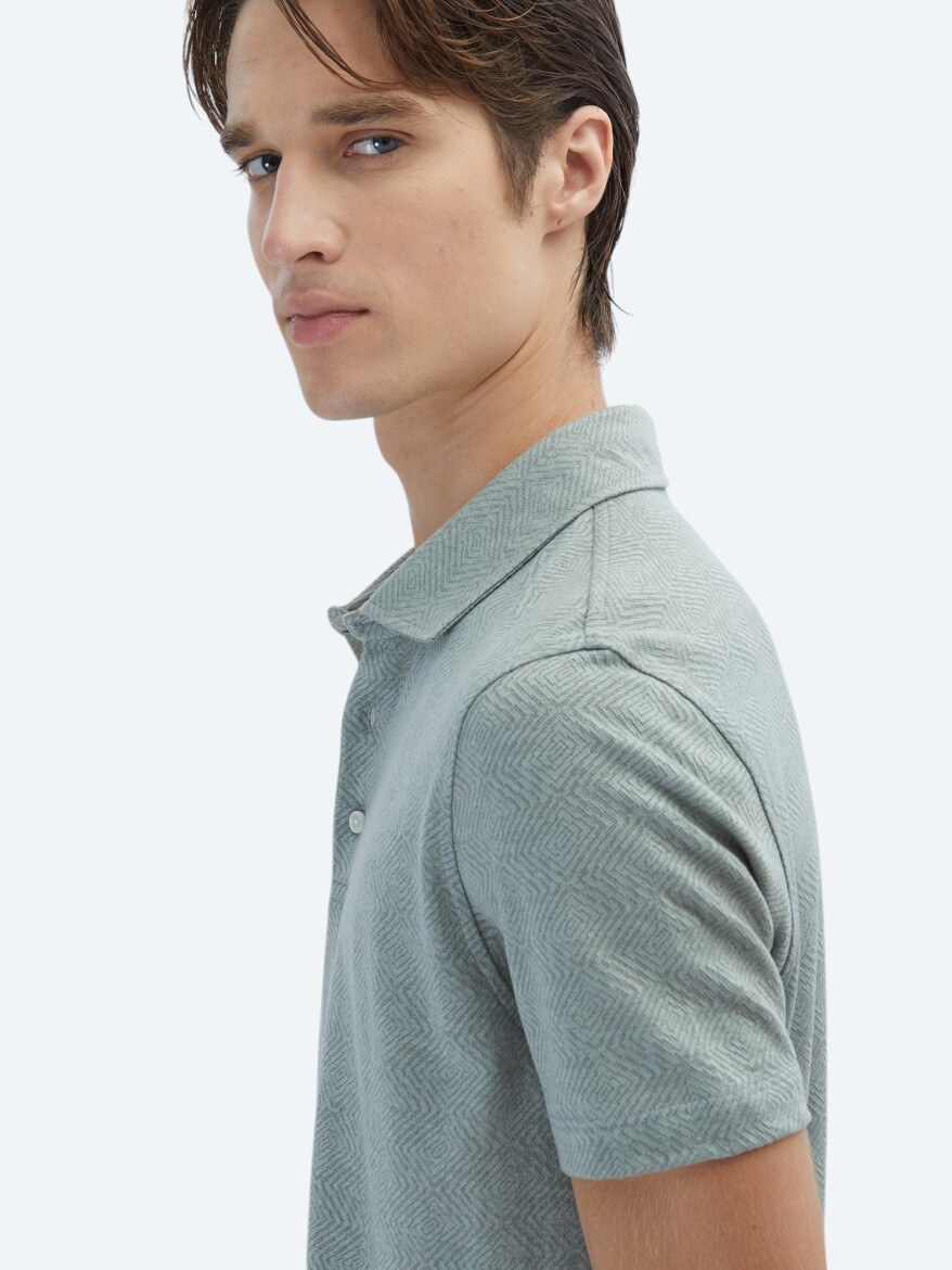 Khaki Patterned Polo Neck Cotton Blended T-Shirt - 5