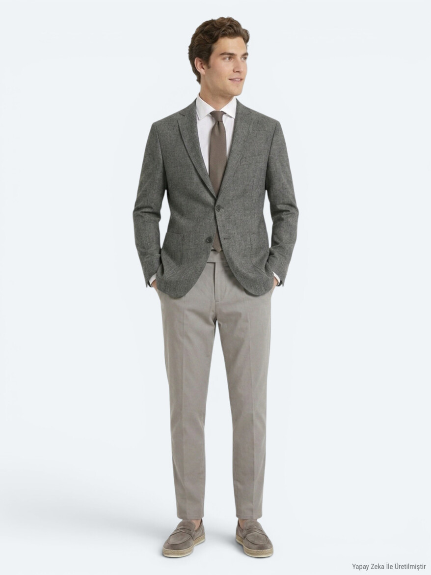 Khaki Patterned Regular Fit Linen Blended Jacket - 1