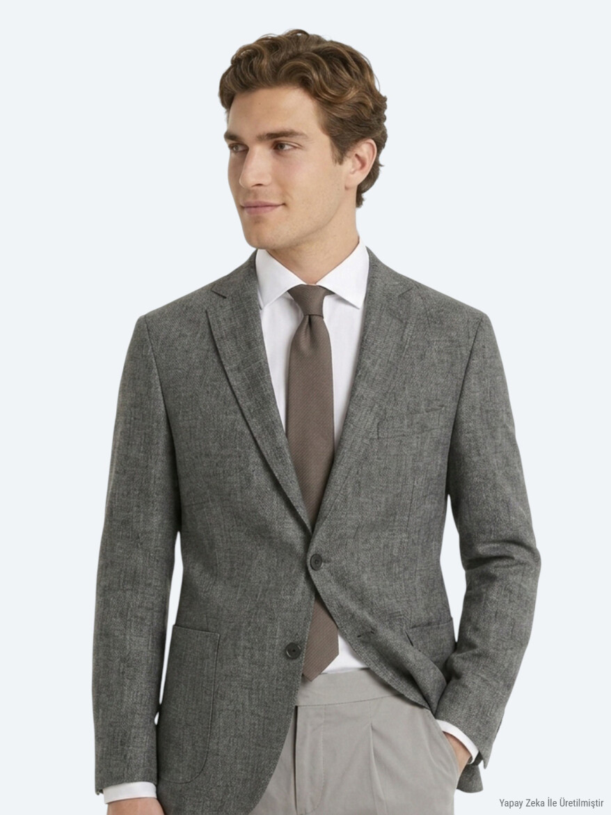 Khaki Patterned Regular Fit Linen Blended Jacket - 2