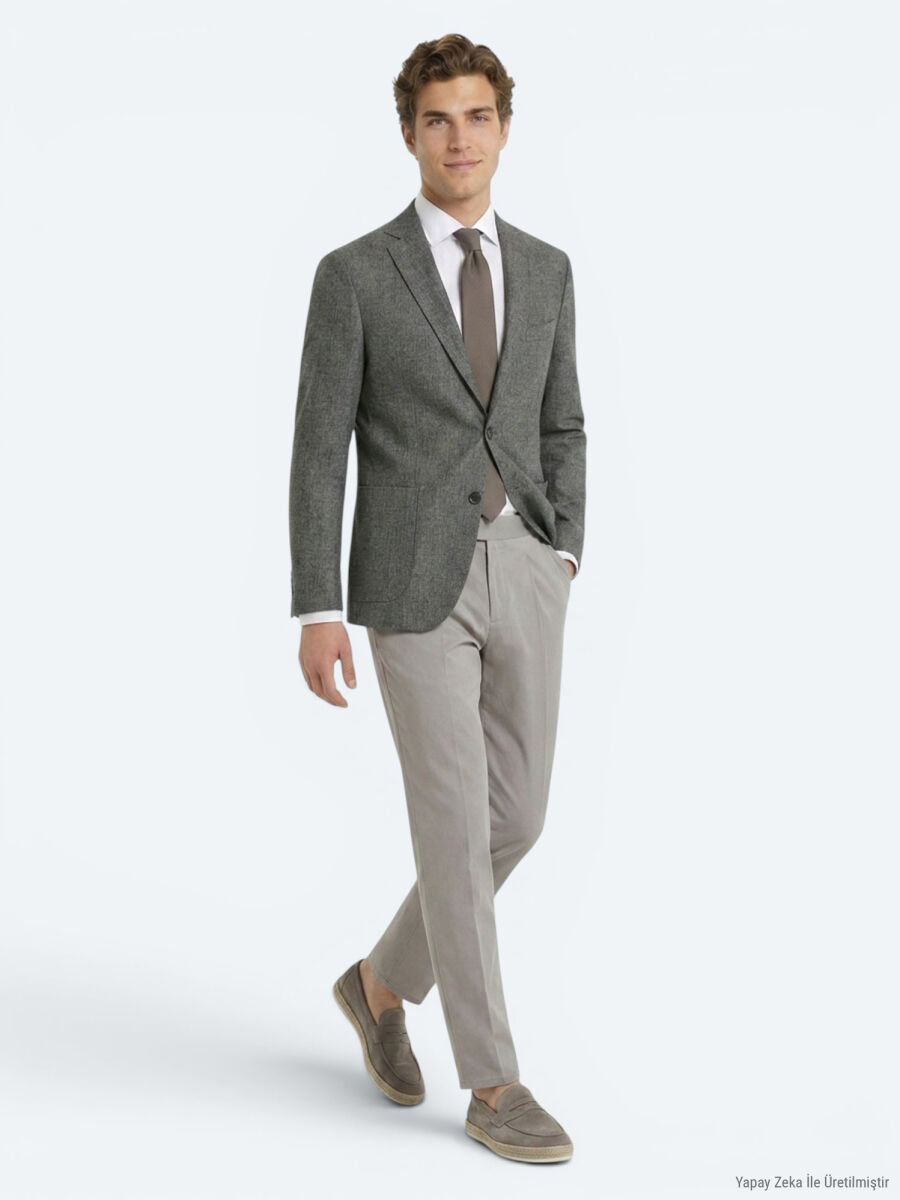 Khaki Patterned Regular Fit Linen Blended Jacket - 3