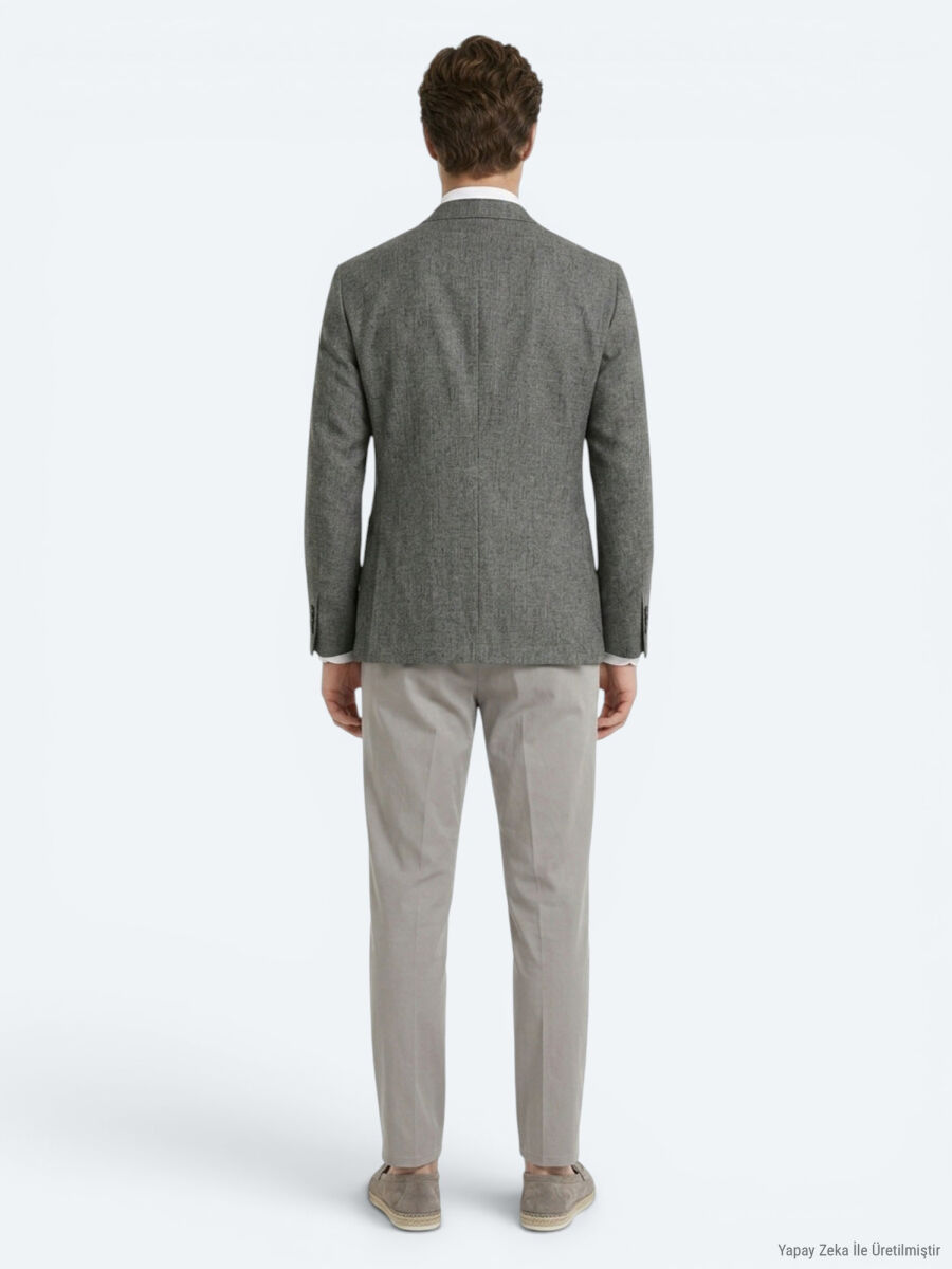 Khaki Patterned Regular Fit Linen Blended Jacket - 5