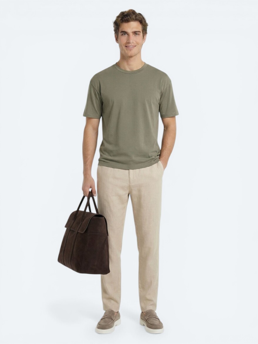Khaki Plain 100% Cotton T-Shirt - 3