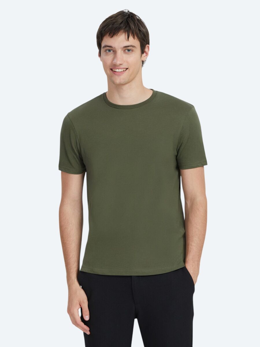 Khaki Plain Crew Neck 100% Cotton T-Shirt - 1