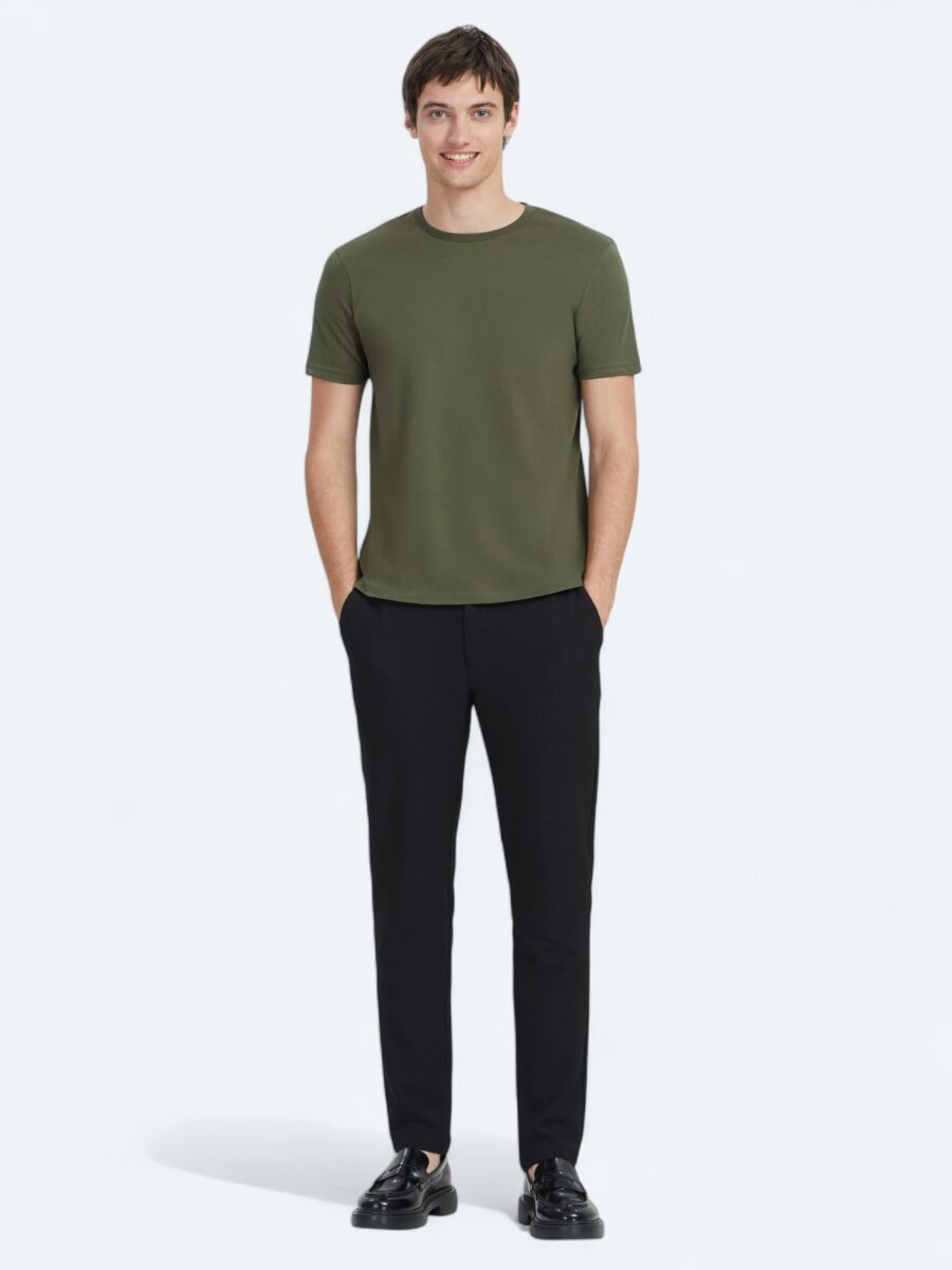 Khaki Plain Crew Neck 100% Cotton T-Shirt - 2