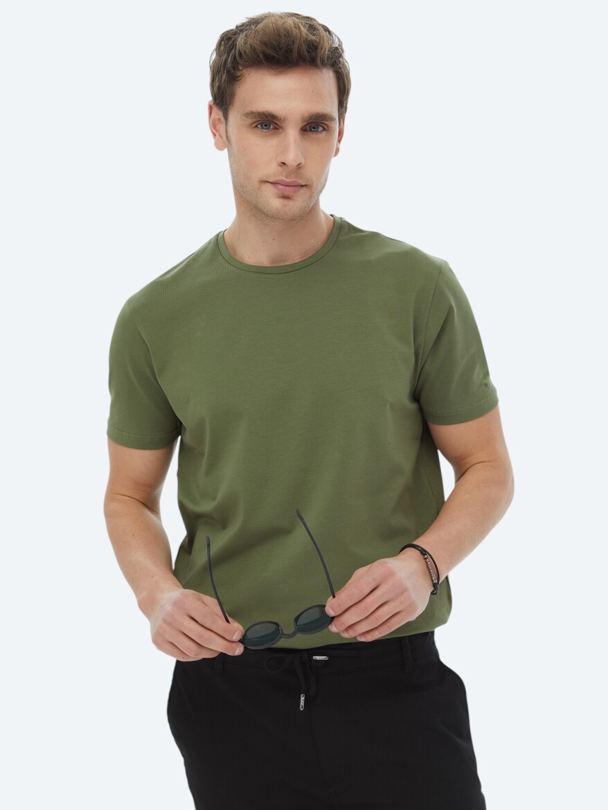 Khaki Plain Crew Neck Cotton Blended T-Shirt - 3