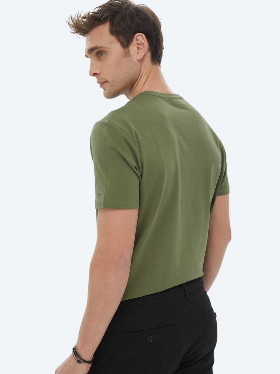 Khaki Plain Crew Neck Cotton Blended T-Shirt - 5