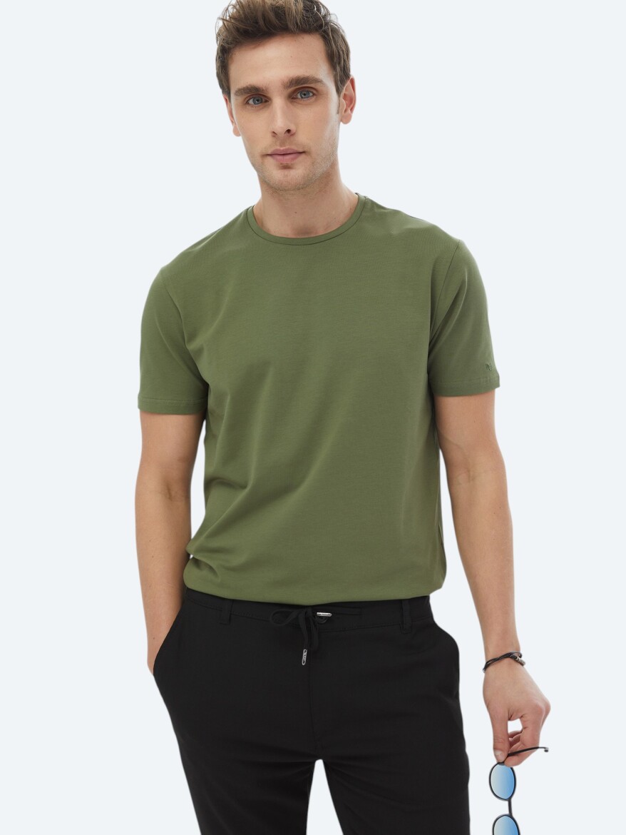 Khaki Plain Crew Neck Cotton Blended T-Shirt - 2