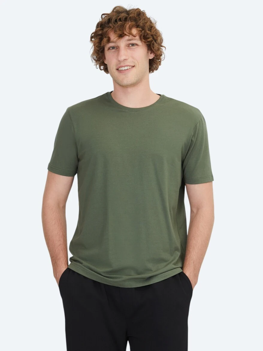 Khaki Plain Crew Neck Cotton Blended T-Shirt - 1