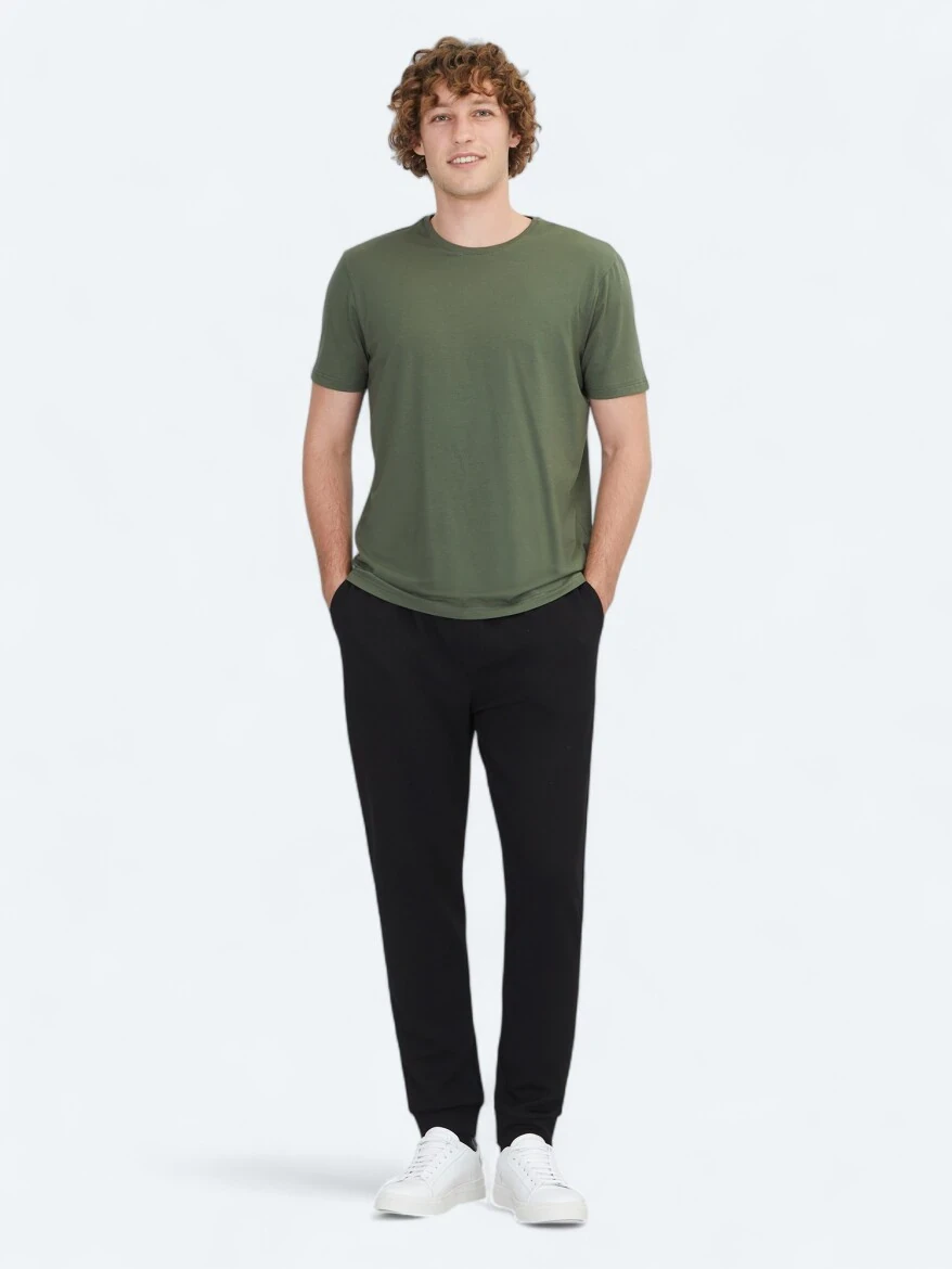 Khaki Plain Crew Neck Cotton Blended T-Shirt - 2