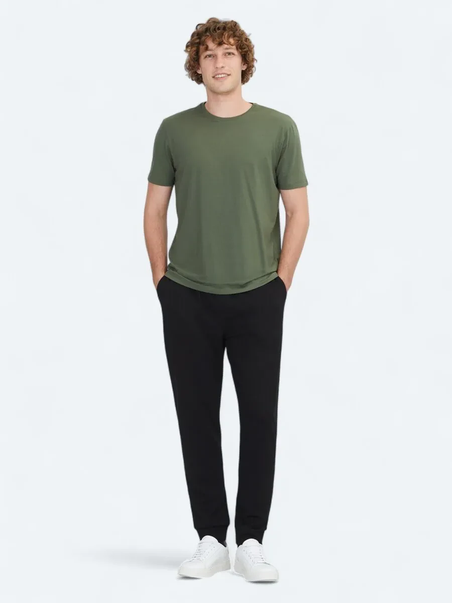 Khaki Plain Crew Neck Cotton Blended T-Shirt - 2