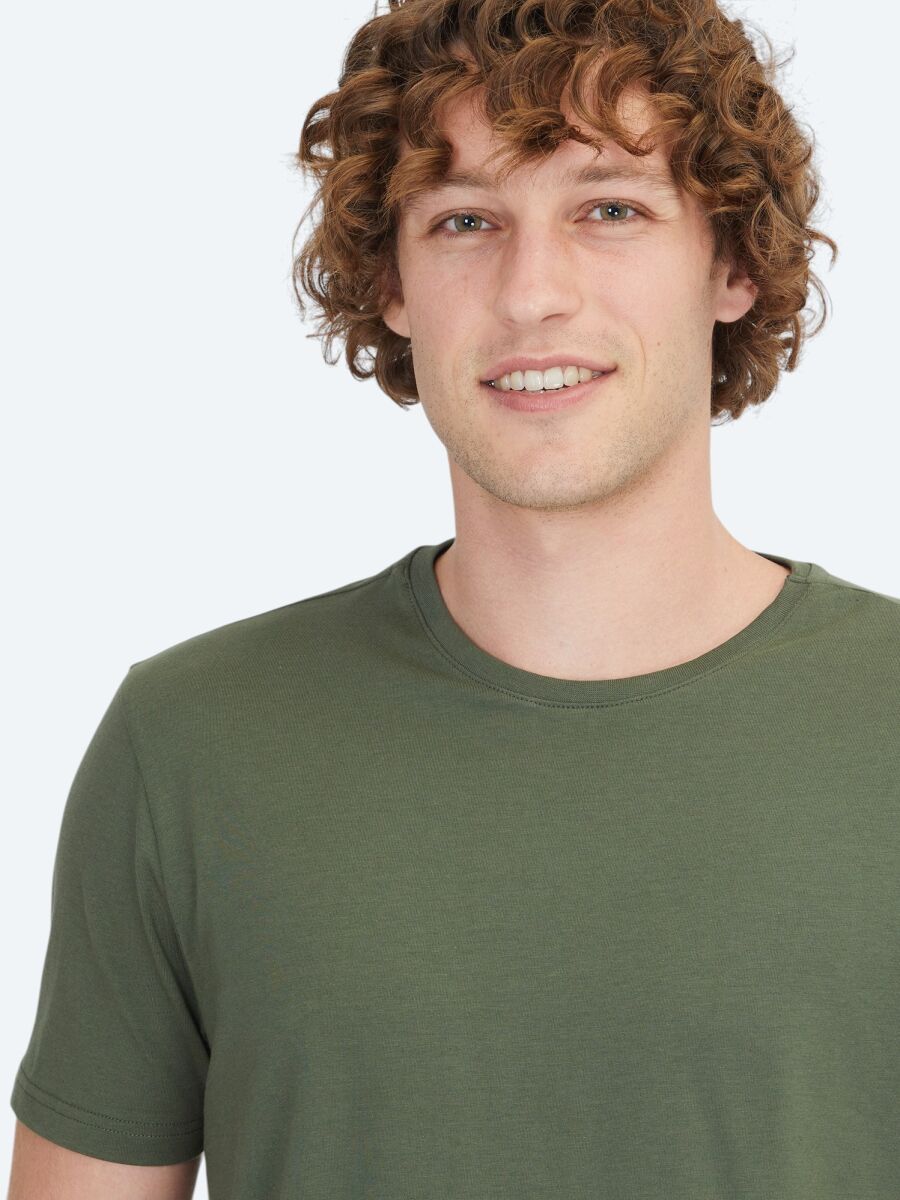 Khaki Plain Crew Neck Cotton Blended T-Shirt - 3