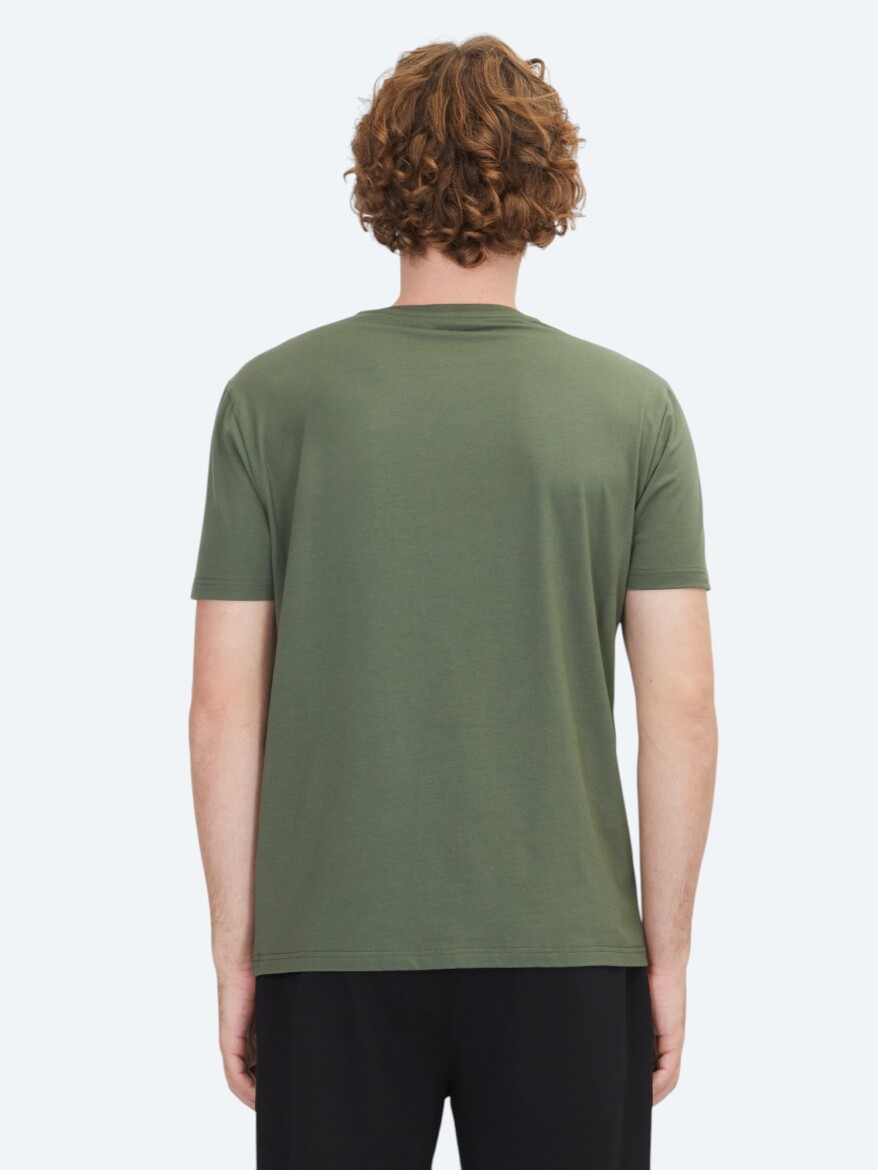 Khaki Plain Crew Neck Cotton Blended T-Shirt - 5