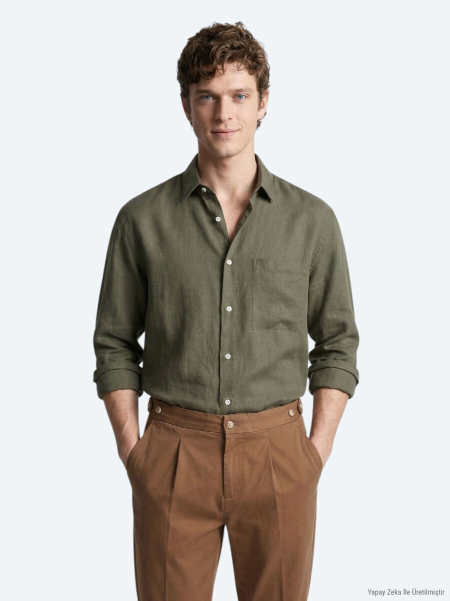 Khaki Plain Oversize Fit Long Weaving Casual Shirt - 1