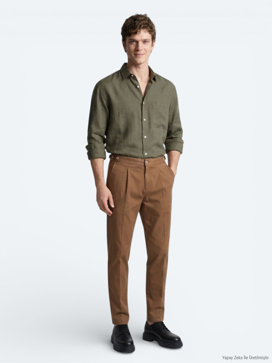 Khaki Plain Oversize Fit Long Weaving Casual Shirt - 2