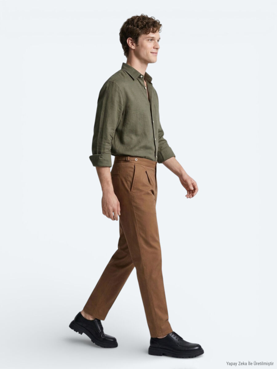 Khaki Plain Oversize Fit Long Weaving Casual Shirt - 4