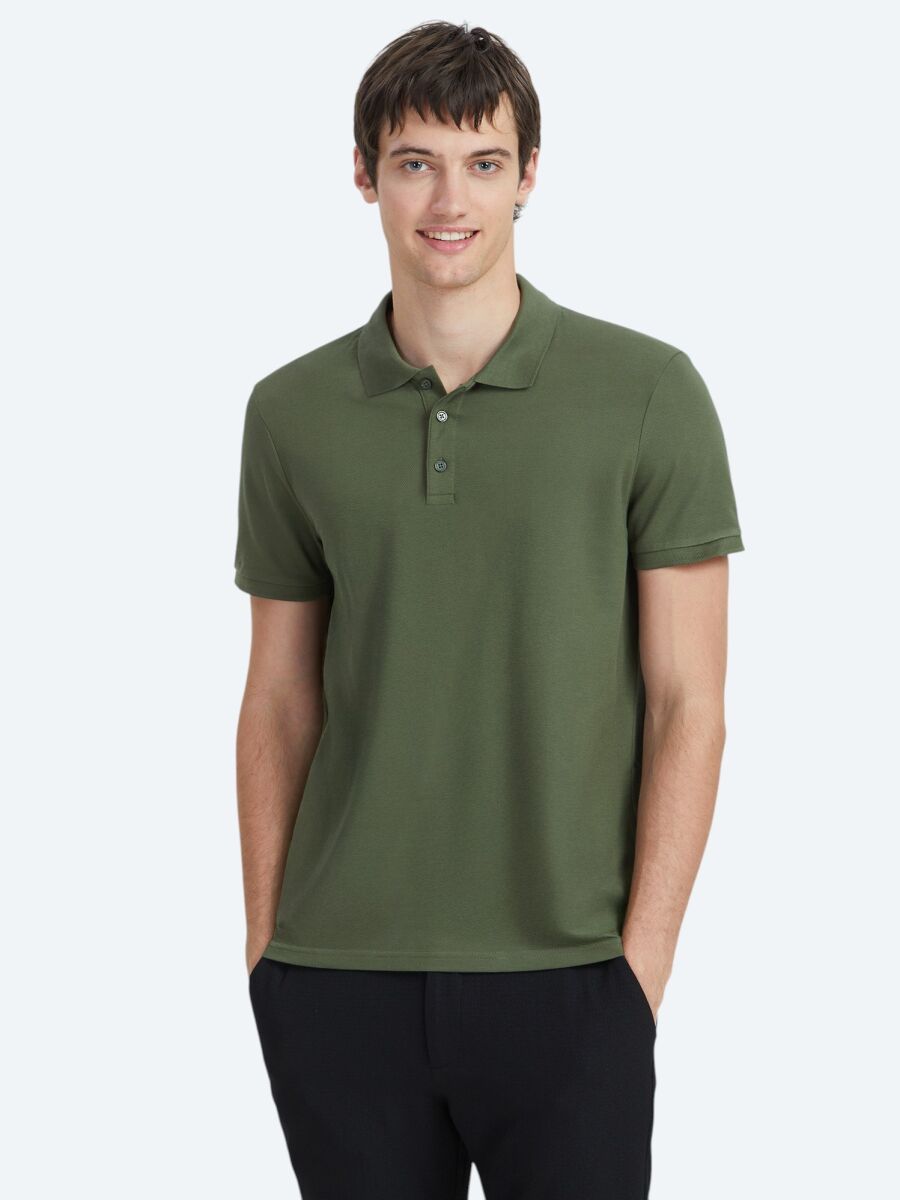 Khaki Plain Polo Neck 100% Cotton T-Shirt - 1