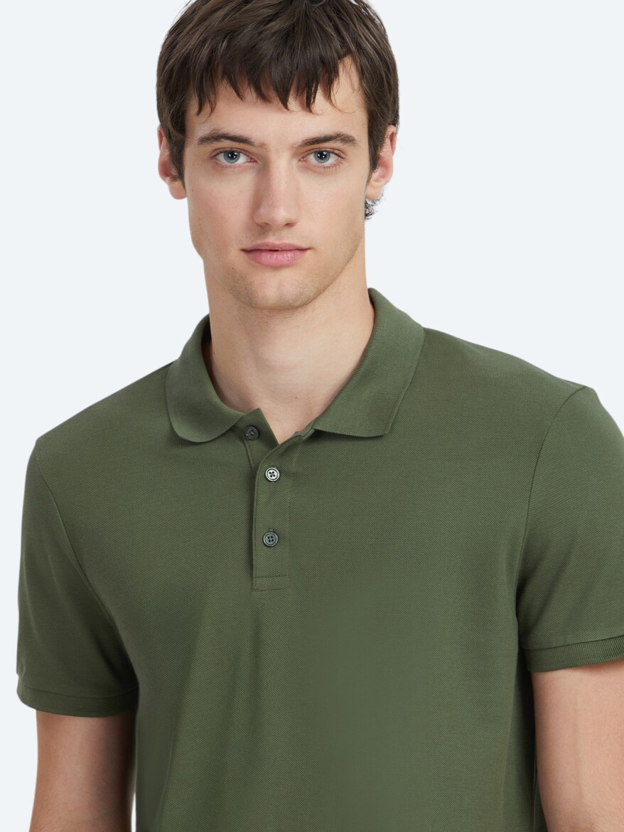 Khaki Plain Polo Neck 100% Cotton T-Shirt - 3