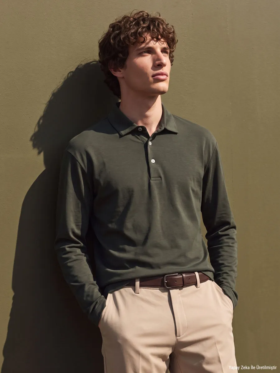 Khaki Plain Polo Neck 100% Cotton T-Shirt - 2