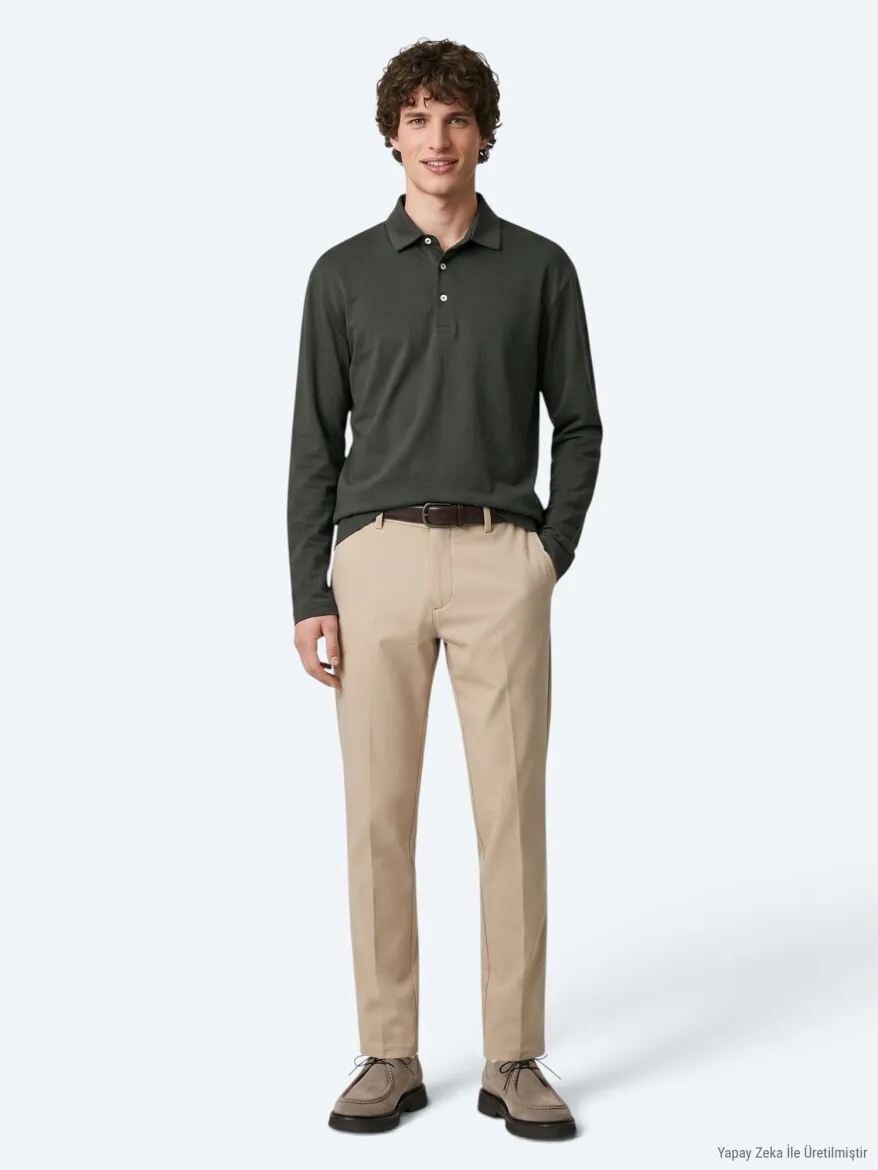 Khaki Plain Polo Neck 100% Cotton T-Shirt - 3