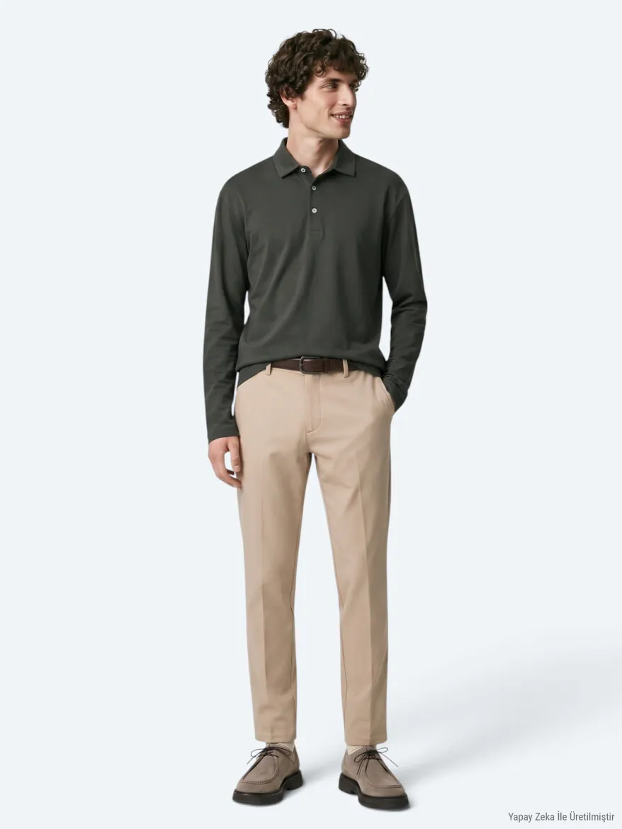 Khaki Plain Polo Neck 100% Cotton T-Shirt - 5