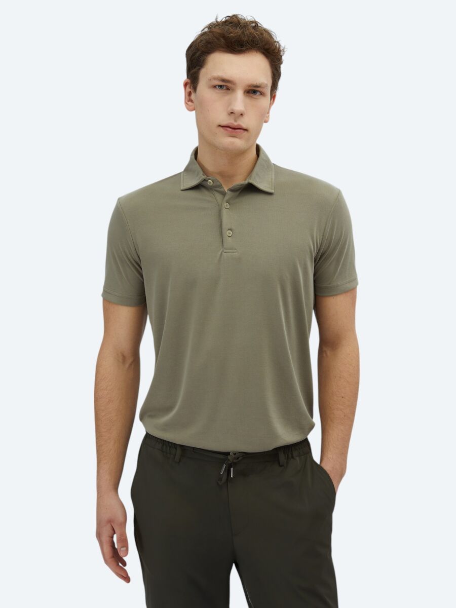 Khaki Plain Polo Neck T-Shirt - 1