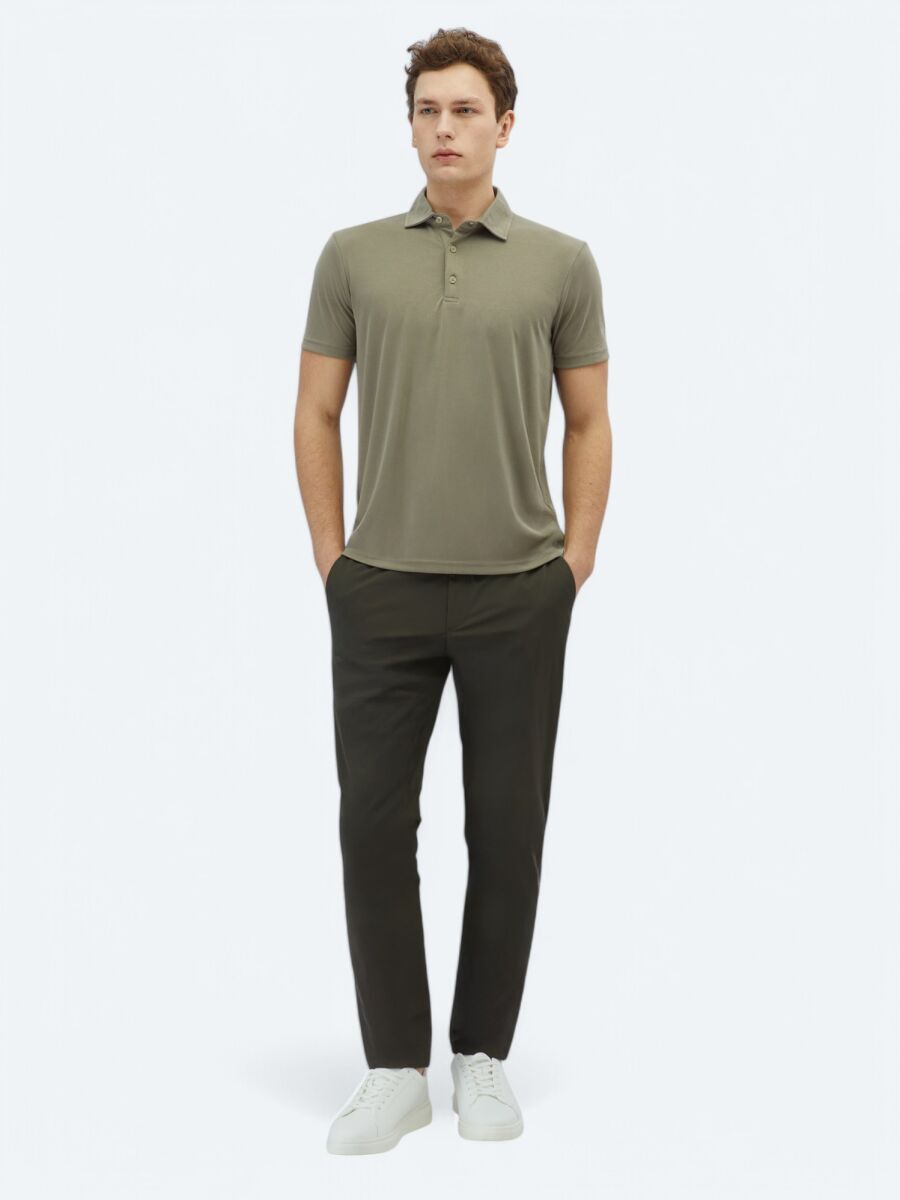 Khaki Plain Polo Neck T-Shirt - 2