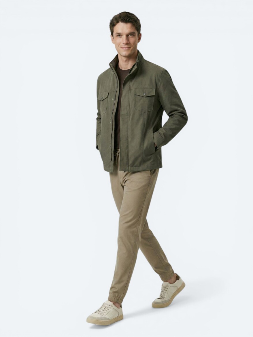Khaki Plain Regular Fit Lightweight Jacket - 3