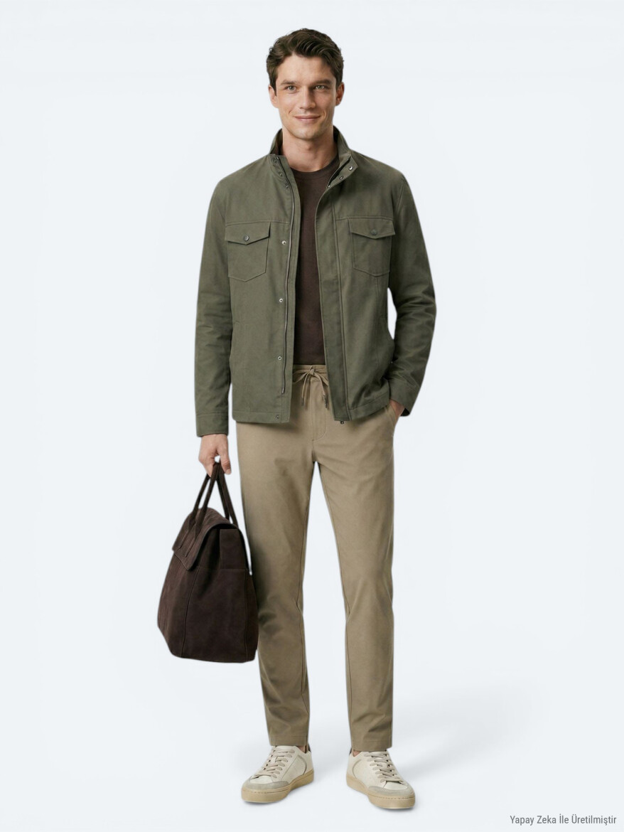 Khaki Plain Regular Fit Lightweight Jacket - KİP