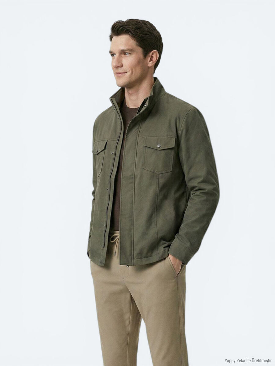 Khaki Plain Regular Fit Lightweight Jacket - 4