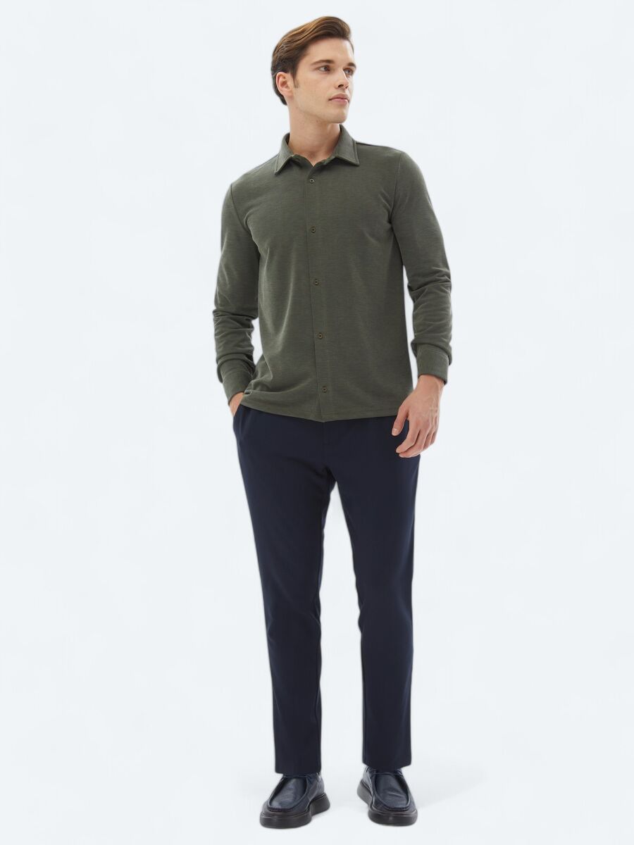 Khaki Plain Regular Fit Long Knitting Casual Shirt - 2