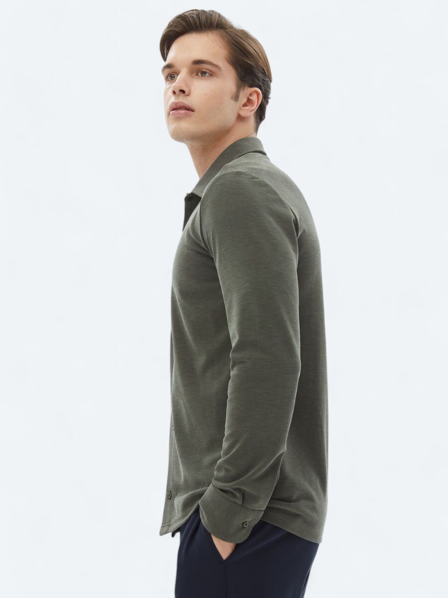Khaki Plain Regular Fit Long Knitting Casual Shirt - 3