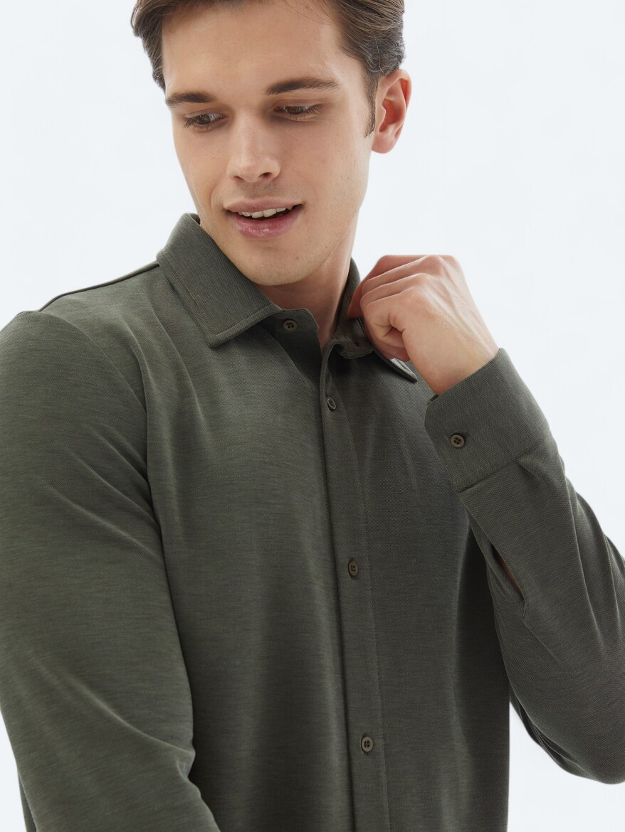 Khaki Plain Regular Fit Long Knitting Casual Shirt - 4