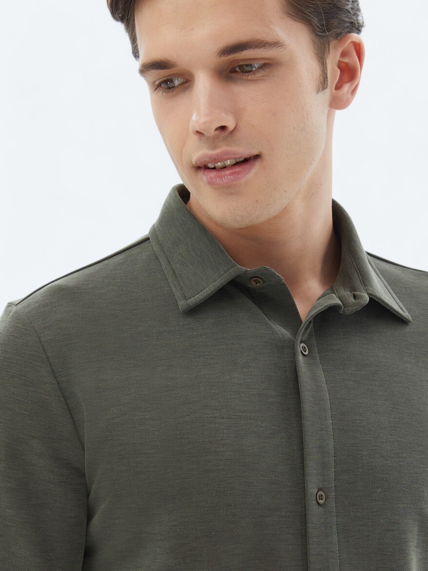 Khaki Plain Regular Fit Long Knitting Casual Shirt - 5