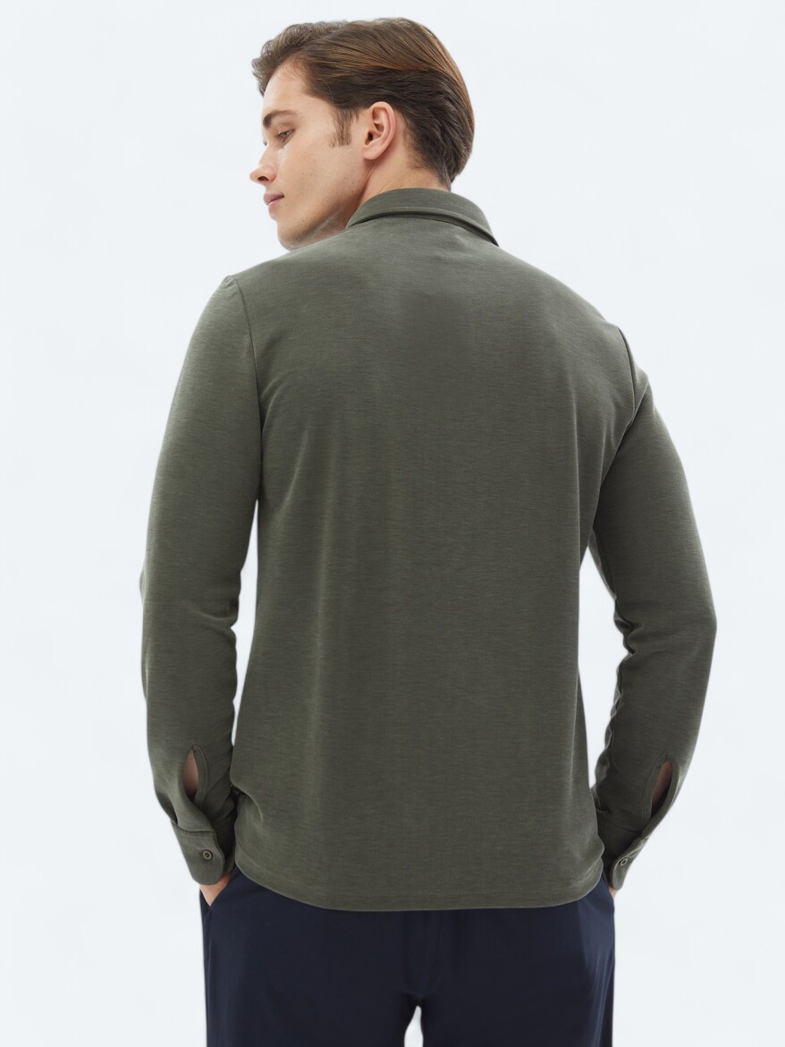 Khaki Plain Regular Fit Long Knitting Casual Shirt - 6
