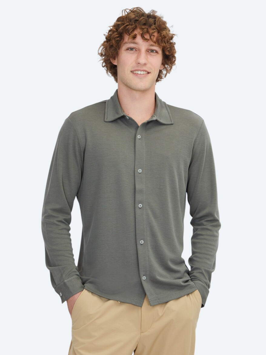 Khaki Plain Regular Fit Long Knitting Casual Shirt 