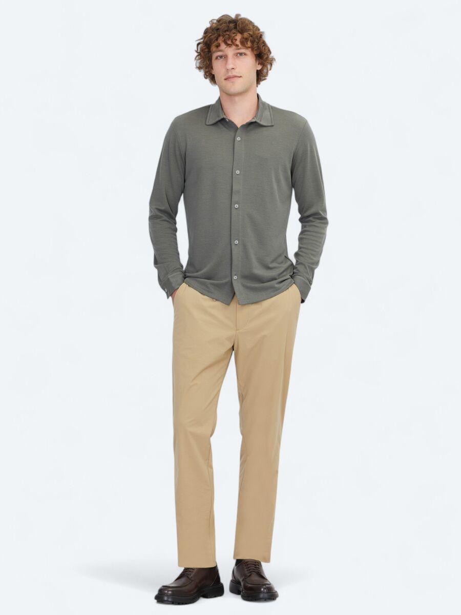 Khaki Plain Regular Fit Long Knitting Casual Shirt - 2