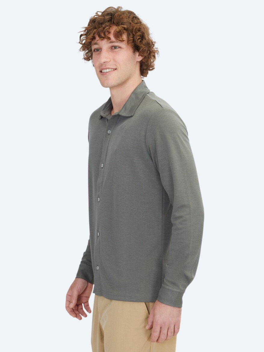 Khaki Plain Regular Fit Long Knitting Casual Shirt - 3