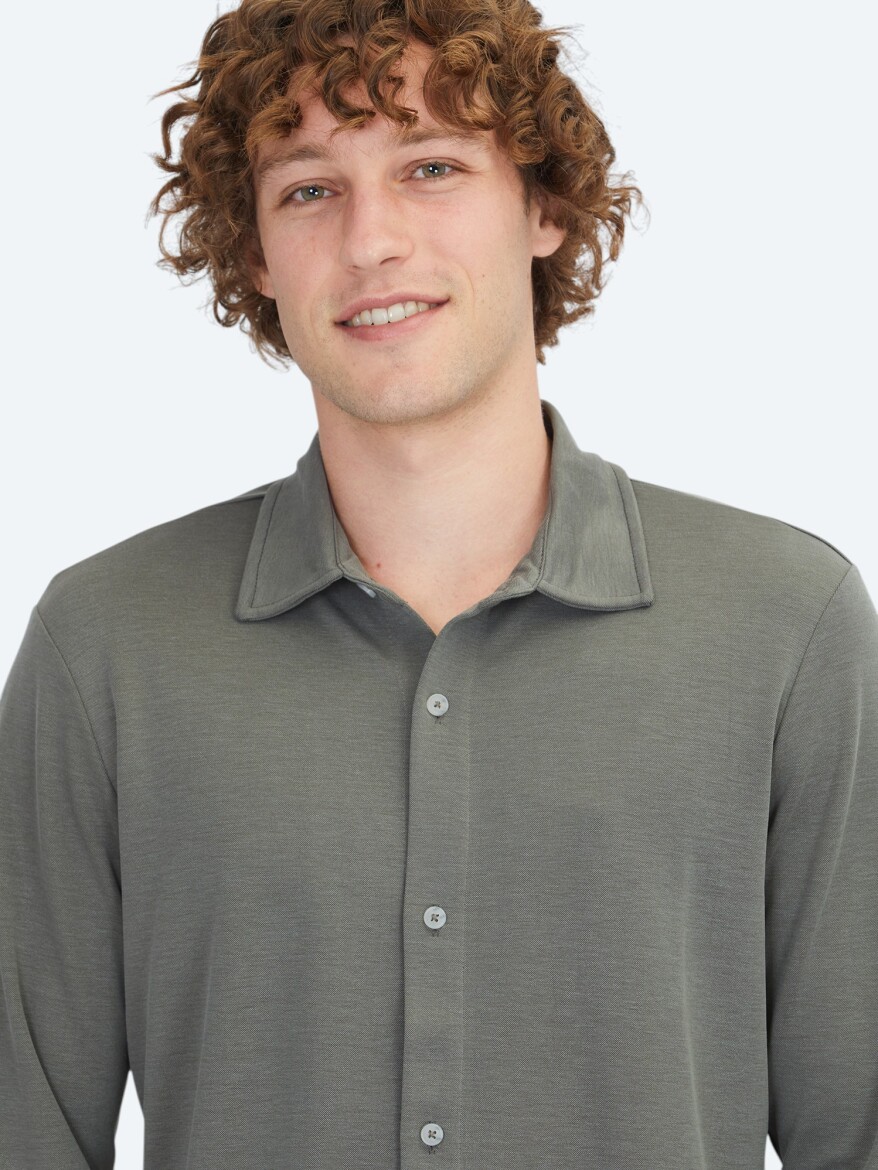 Khaki Plain Regular Fit Long Knitting Casual Shirt - 4