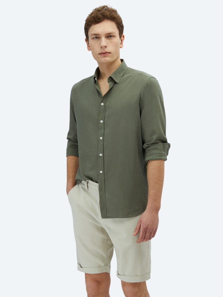 Khaki Plain Regular Fit Long Weaving Casual 100% Cotton Shirt 