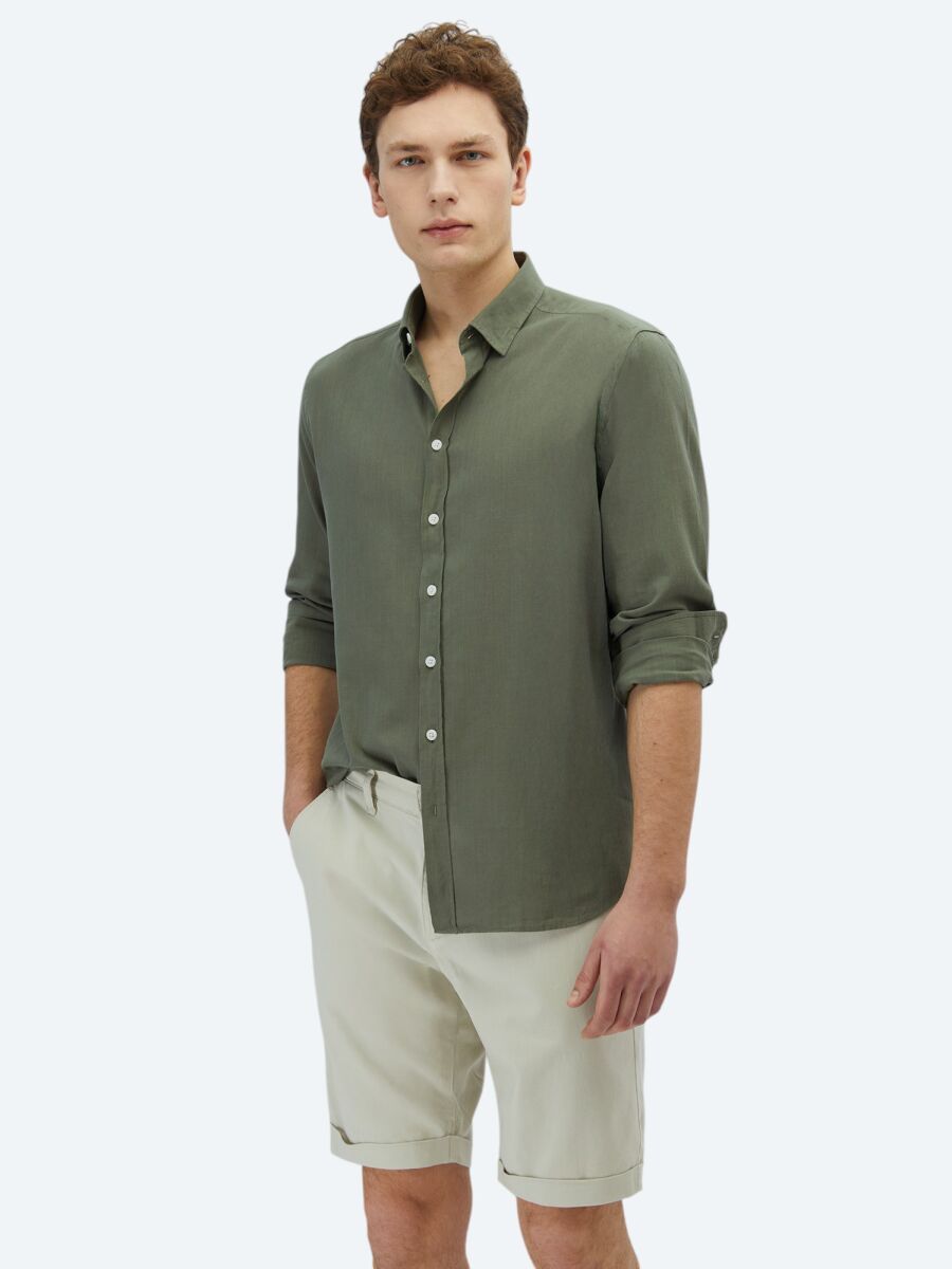 Khaki Plain Regular Fit Long Weaving Casual 100% Cotton Shirt - 1