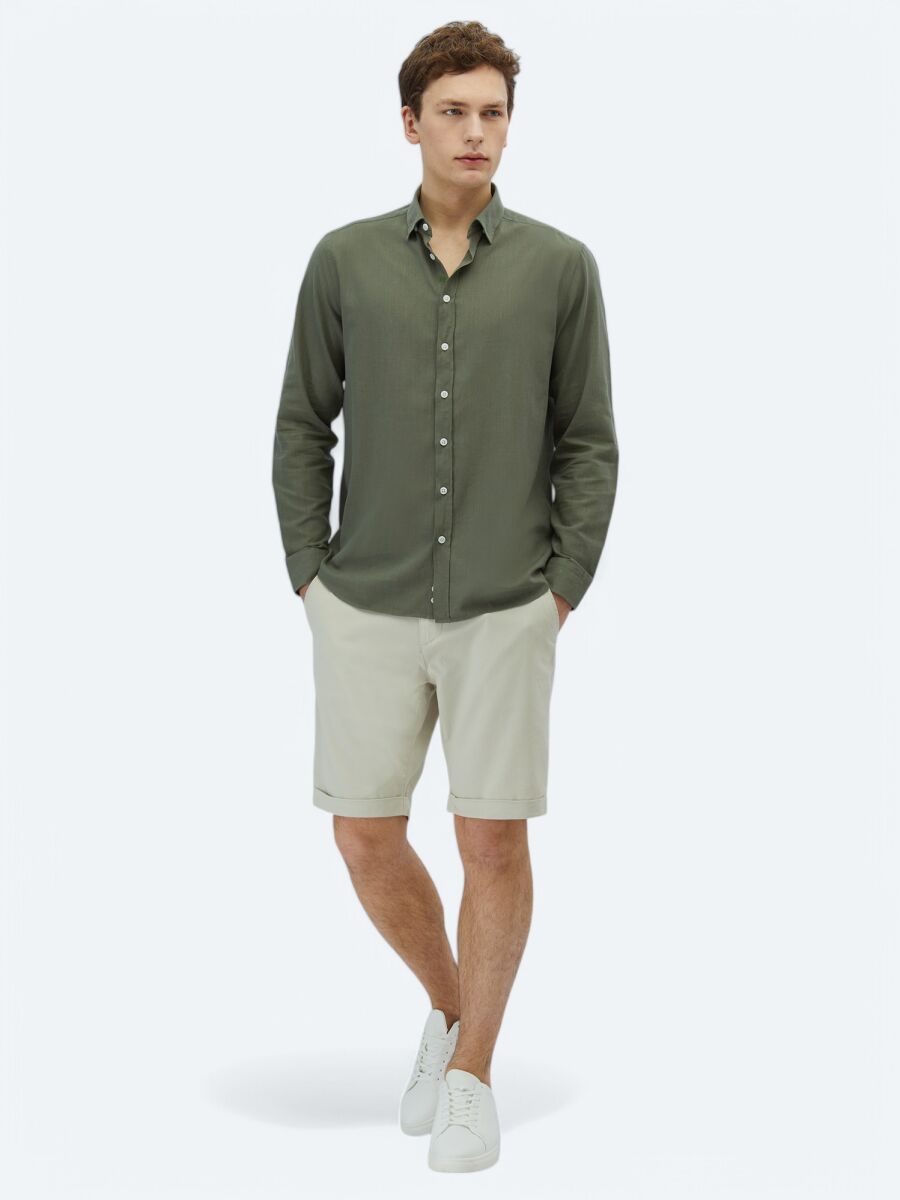 Khaki Plain Regular Fit Long Weaving Casual 100% Cotton Shirt - 2