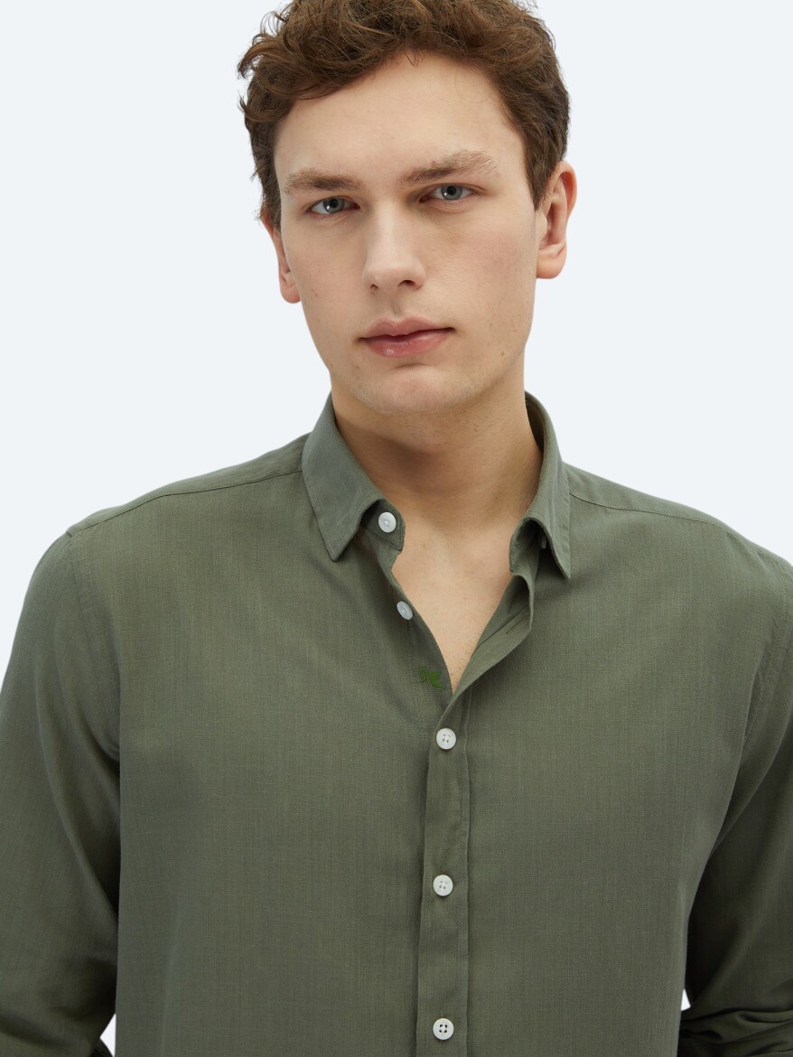 Khaki Plain Regular Fit Long Weaving Casual 100% Cotton Shirt - 4