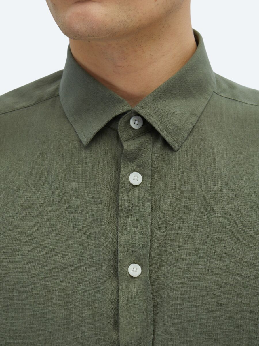 Khaki Plain Regular Fit Long Weaving Casual 100% Cotton Shirt - 5