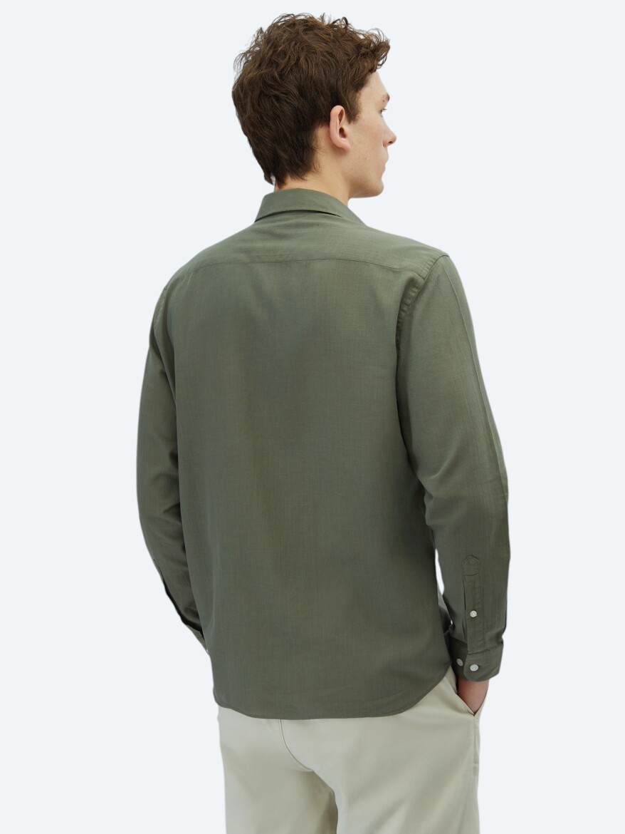 Khaki Plain Regular Fit Long Weaving Casual 100% Cotton Shirt - 6