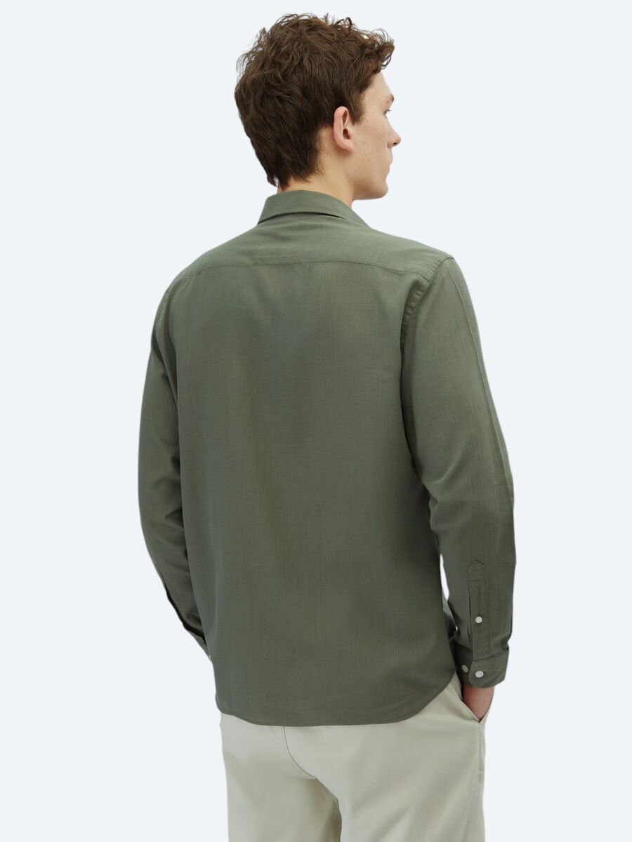 Khaki Plain Regular Fit Long Weaving Casual 100% Cotton Shirt - 6