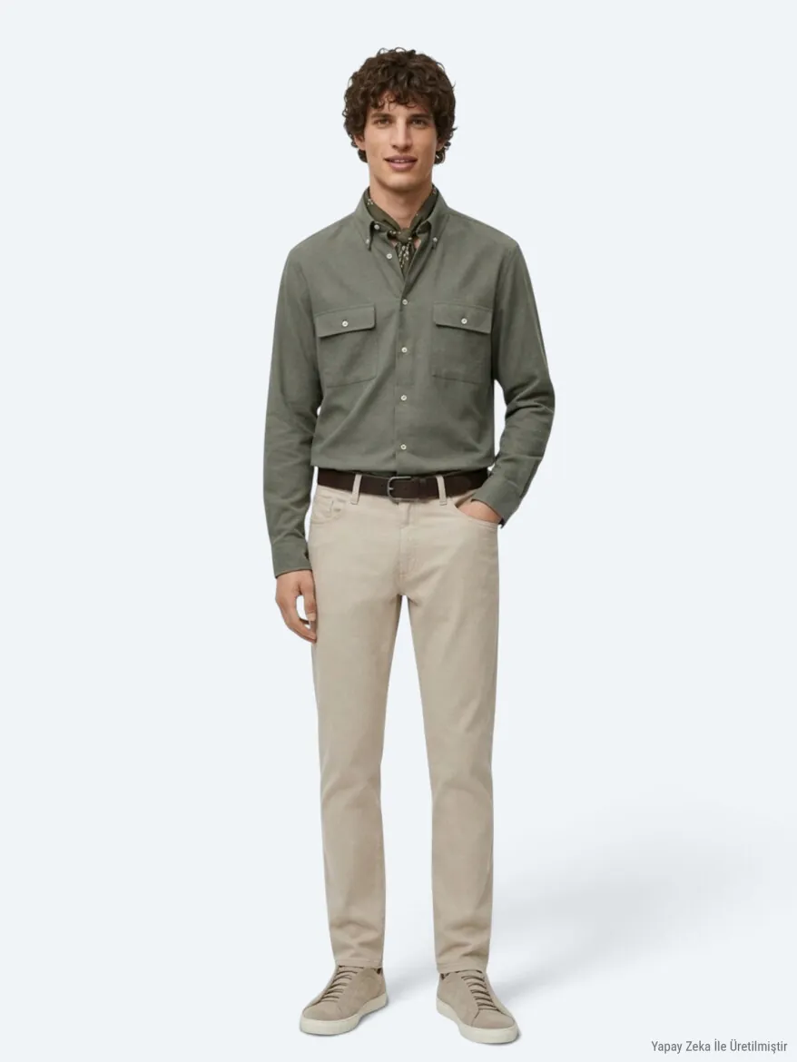 Khaki Plain Regular Fit Long Weaving Casual 100% Cotton Shirt - 3