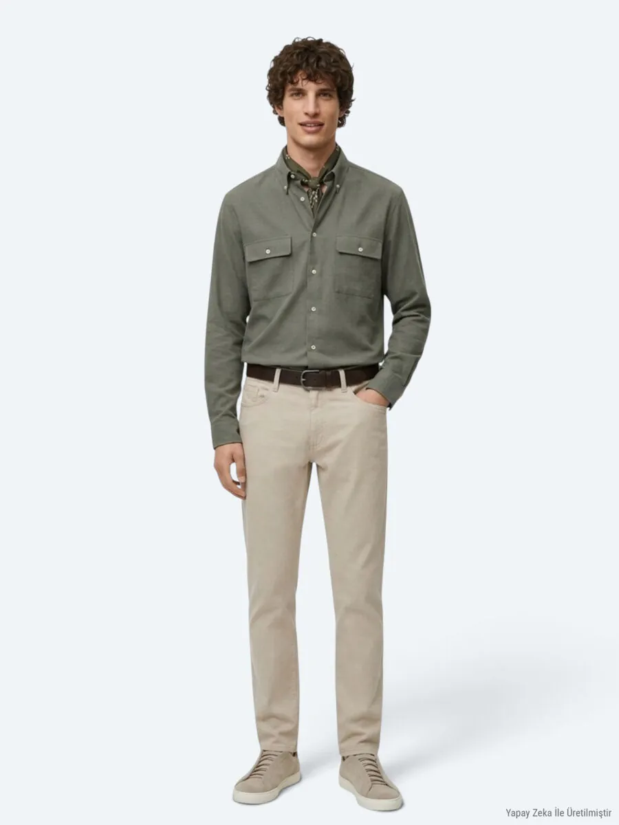 Khaki Plain Regular Fit Long Weaving Casual 100% Cotton Shirt - 3