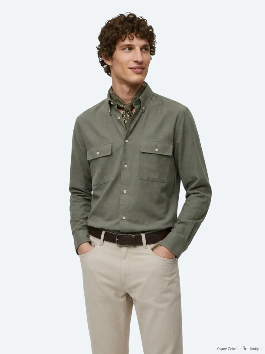 Khaki Plain Regular Fit Long Weaving Casual 100% Cotton Shirt - 4