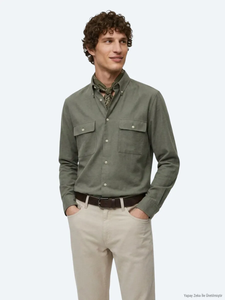 Khaki Plain Regular Fit Long Weaving Casual 100% Cotton Shirt - 4