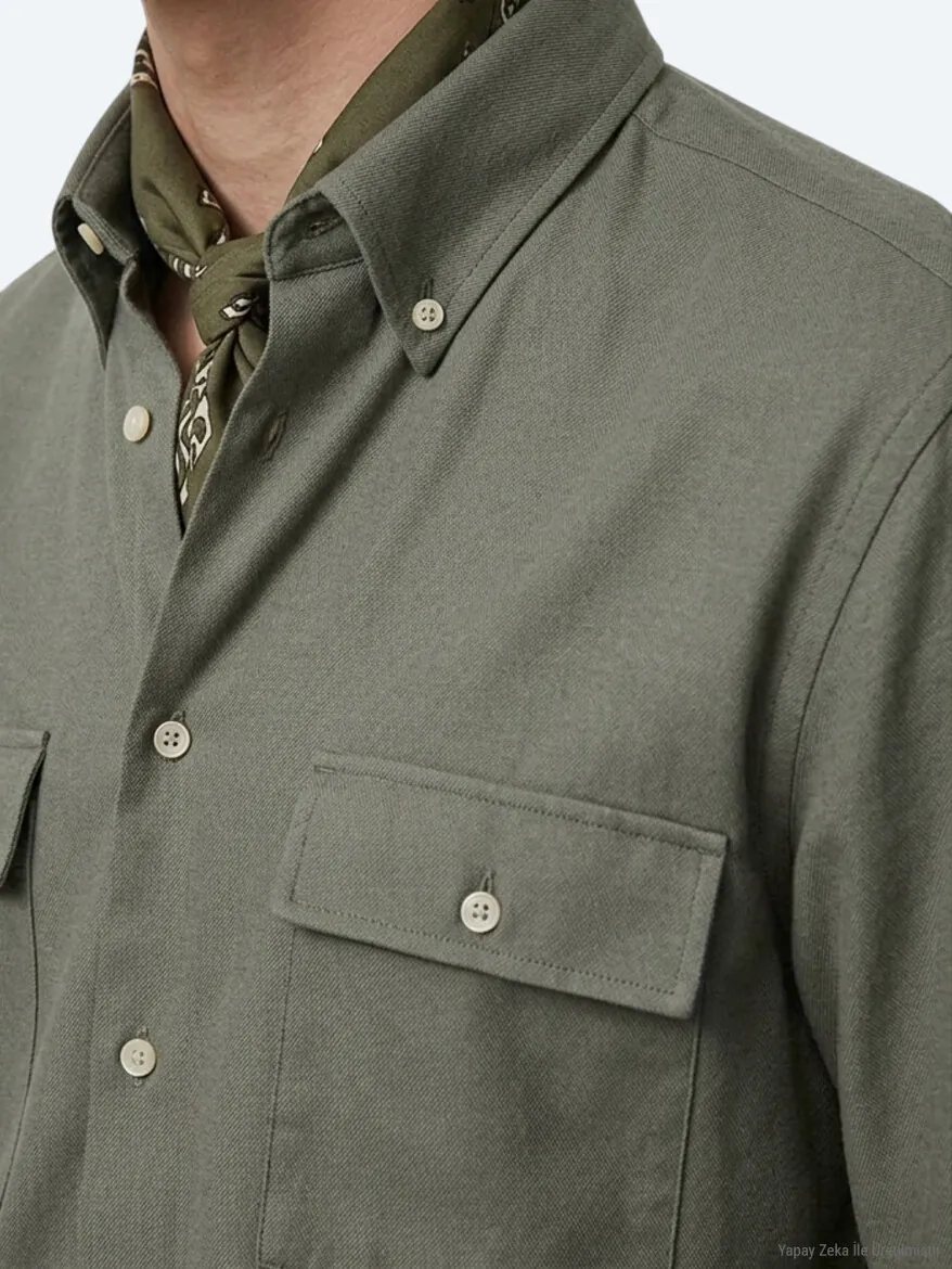 Khaki Plain Regular Fit Long Weaving Casual 100% Cotton Shirt - 5